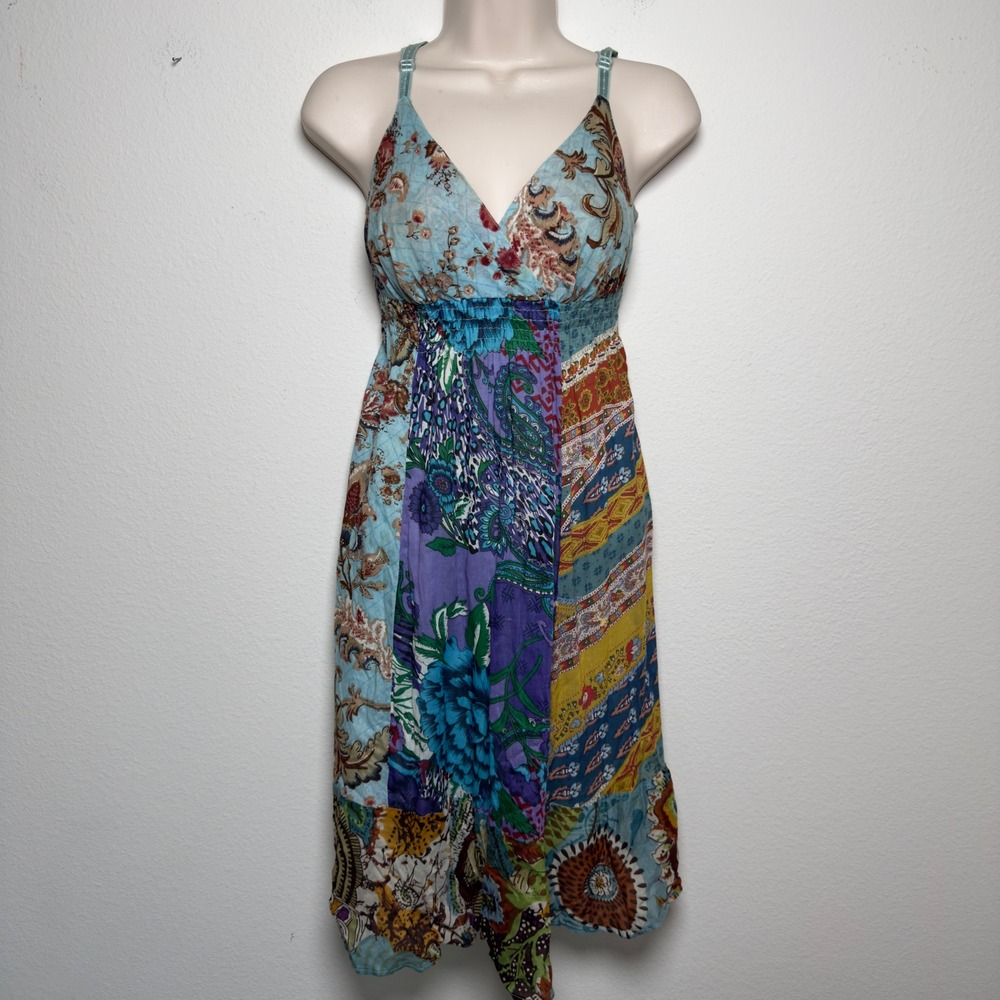VTG Y2K No Boundaries Women 100% Cotton Babydoll Mini Dress M Patchwork Boho